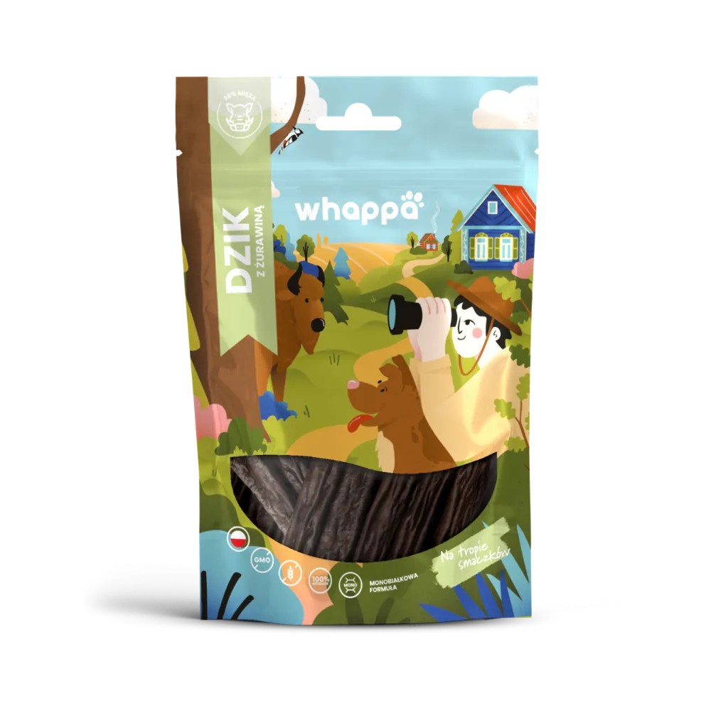 Przysmak dla psa Whappa Monoproteinowe kabanosy Dzik z żurawiną 70gr