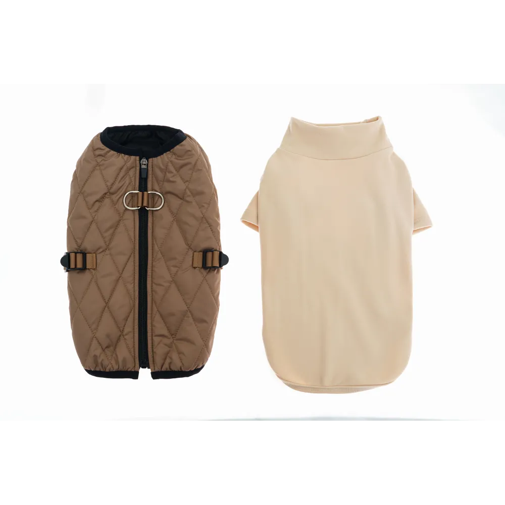 KURTKA DLA PSA ciepła miękka pikowana kamizelka z golfem brązowa S TIFI