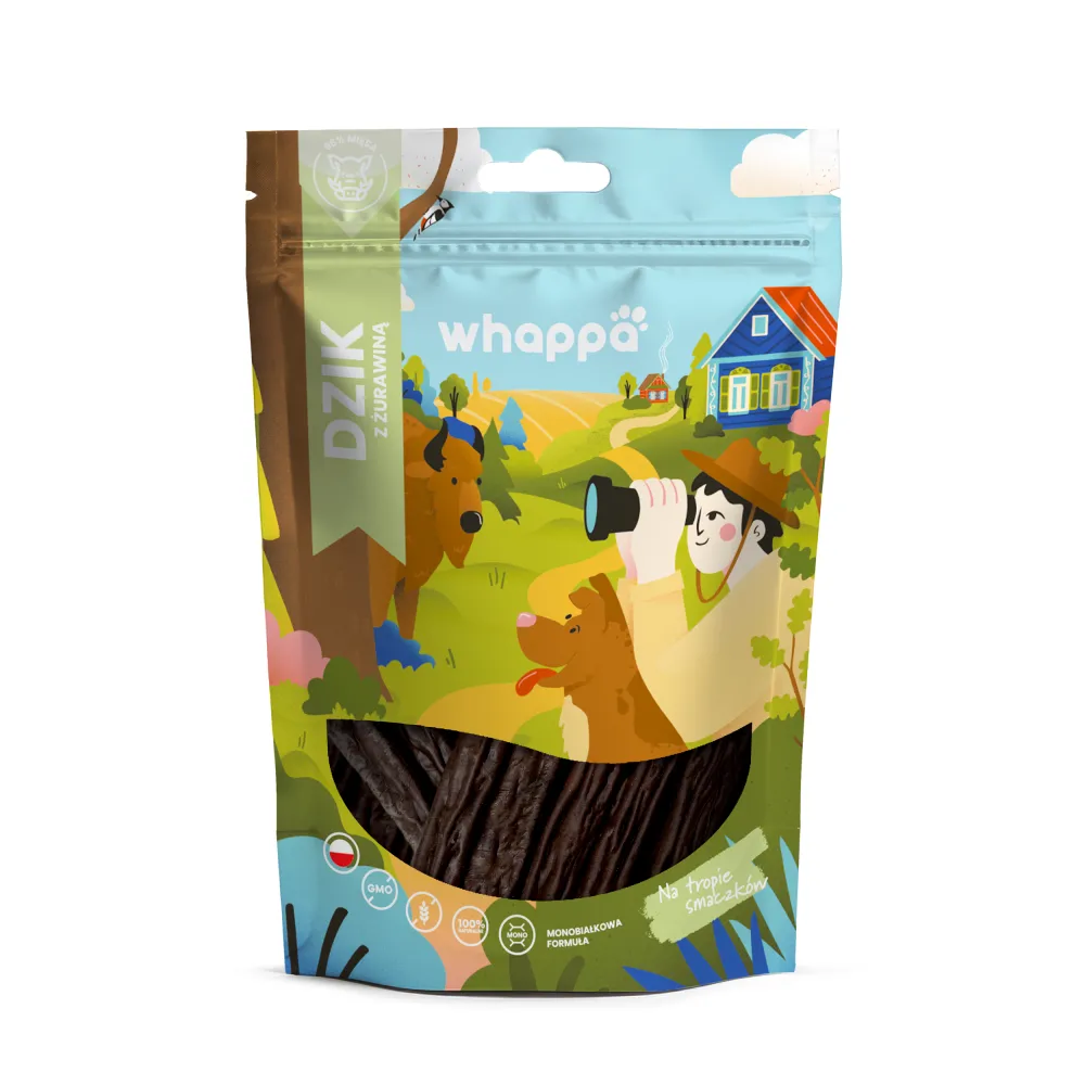 Przysmak dla psa Whappa Monoproteinowe kabanosy Dzik z żurawiną 70g