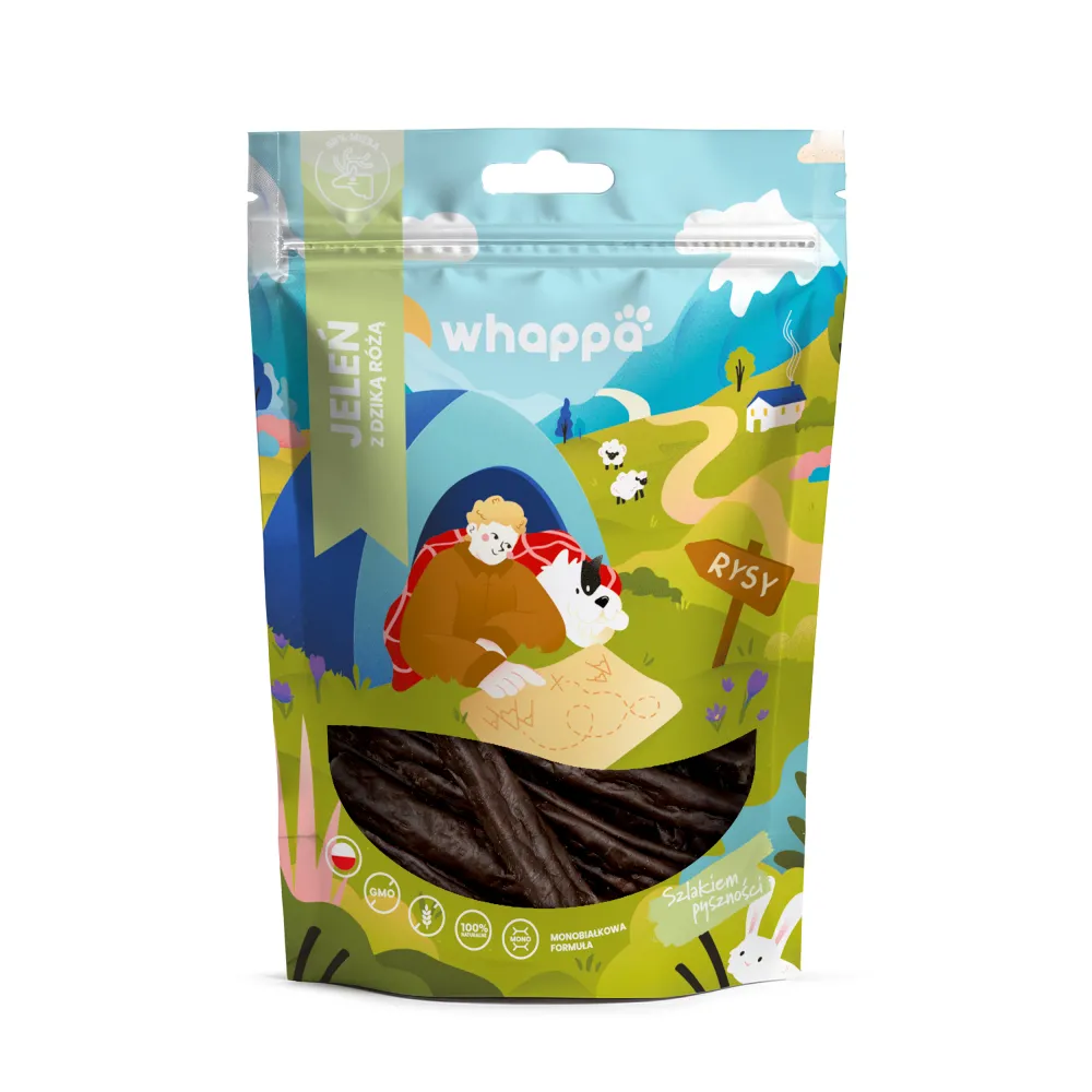 Przysmak dla psa Whappa Monoproteinowe kabanosy Jeleń z dziką różą 70g