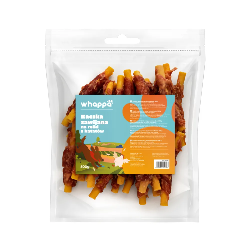 Przysmak dla psa Whappa 500g Rurki z batatów owinięte kaczką